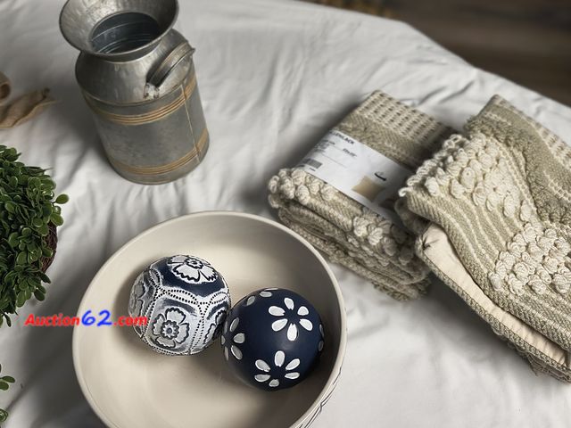 Lot 44-2300b - 1 approx 20 in H from ribbon to bottom greenery Letter P, 1 decorative can, 2 20" x 20 " pillow covers, round decorative blue stripe bowl ap...