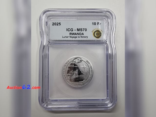 Lot 44-8380f - 2025 1/12 OUNCE .999 FINE PURE SILVER 10 FRANCS HMS LUNAR VOYAGE TO VICTORY GRADED MS-70 (MINT STATE) BY ICG.-NT