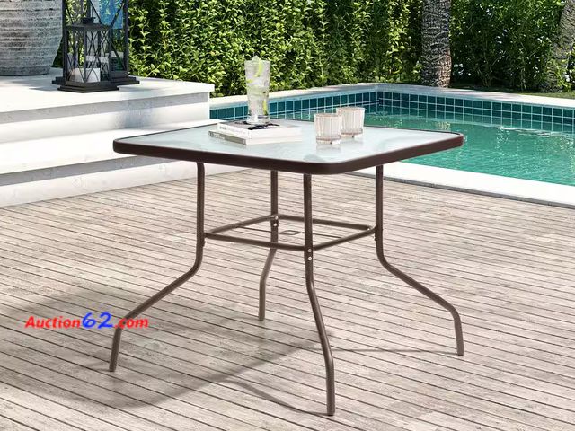 Lot 44-59b - Retail Value of $98.99- 33.5 in. Square Glass Top Metal Outdoor Dining Table with Umbrella Hole Appears New