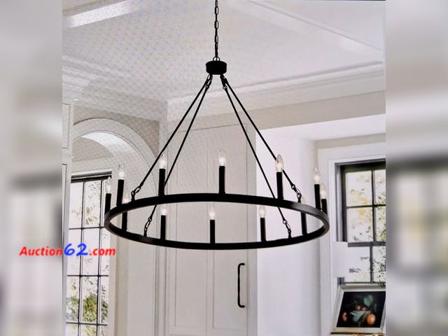 Lot 44-7236e - Black wagon wheel chandelier farmhouse, 12 light round pendant light fixture 33 inch modern industrial chandelier  E-Commerce Return, A basi...