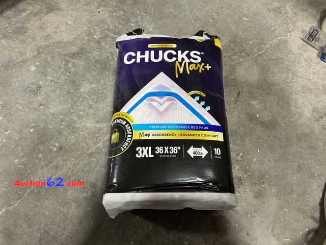 Lot 44-160j - Chucks Max+ 3XL 36x36 Premium Disposable Bed Pads 10 Count Appears New, A basic inspection has been given to this item. Sold AS-IS.