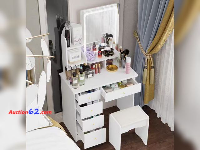 Lot 44-137b - Retail value of $180- FUFU&amp;GAGA 5-Drawers White Makeup Vanity Sets Dressing Table Sets With Stool, Mirror, LED Light and 3-Tier Storage ...