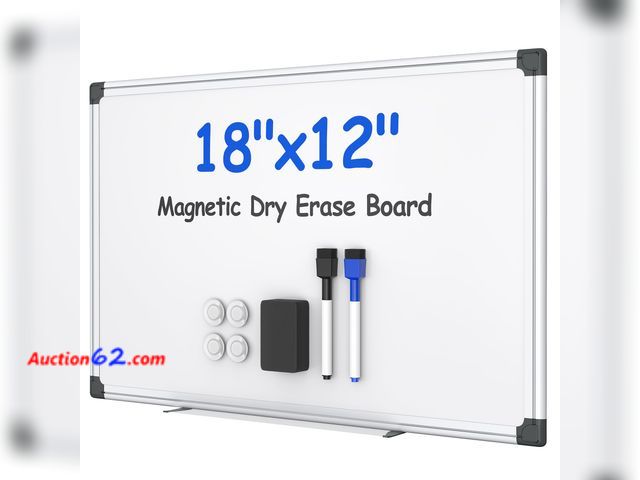 Lot 44-1579j - VUSIGN Magnetic White Board Kit for Wall 18" x 12", 1 Dry Eraser &amp; 2 Multicolor Markers &amp; 4 Magnetic Pins, Sliver Reinforced Aluminu...