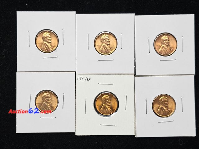 Lot 44-8320o - SIX (6) BEAUTIFUL BRILLIANT UNCIRCULATED WHEAT CENTS - 1953 D, 1957 D (WITH A BEAUTIFULLLY TONED REVERSE), AND FOUR (4) 1958 D's. ALL COINS ...
