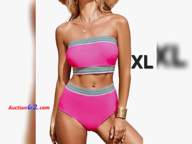 Lot 44-6770b - Size XL Herseas Women's Two Piece Bandeau Bikini Swim Suit Off Shoulder Cheeky High Waisted Tummy Control Bathing Suit Appears New