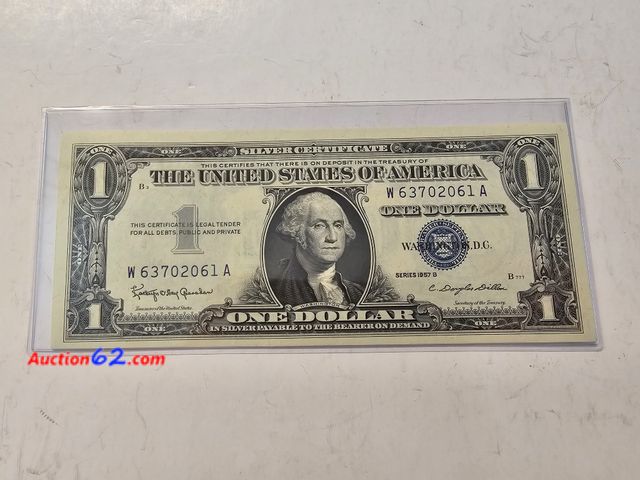 Lot 44-8334q - 1957 B SERIES $1 SILVER CERTIFICATE. UNCIRCULATED. FROM BACK IN THE GOOD OLD DAYS WHEN THEY SAID "PAYABLE IN SILVER TO THE BEARER ON DEMAND....