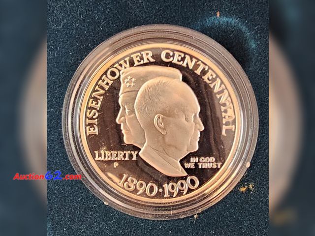 Lot 44-8322q - 1990 EISENHOWER CENTENNIAL 90% SILVER PROOF DOLLAR COMMEMORATIVE COIN. MINTED IN PHILADELPHIA. OBVERSE FEATURES IKE AS PRESIDENT AND GENERAL...