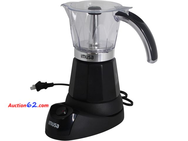 Lot 44-5691g - Imusa 6 or 3cup Electric Espresso Maker, Black. E-Commerce Return, A basic inspection has been given to this item. Sold AS-IS. Powers on, no...