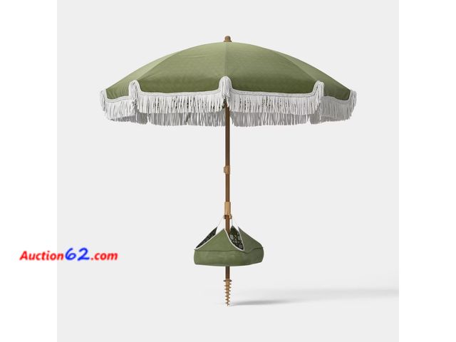 Lot 44-127f - Threshold Green Fringe Beach Umbrella with Carrying Bag See All Photo's Appears New, A basic inspection has been given to this item. Sold AS...