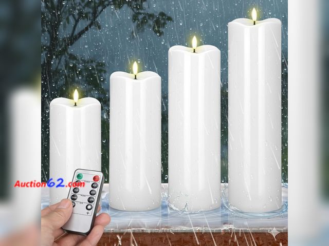 Lot 44-1666w - Rossesay 8" 10" 12" 14" x 4" Large Waterproof Outdoor Flameless Candles, 4 Pcs LED Pillar Candles with Remote and Timers Battery Operated Ju...