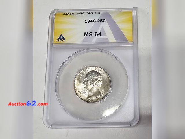 Lot 44-8321b - 1946 WASHINGTON 90% SILVER QUARTER GRADED MS64 (MINT STATE) BY ANACS. MINTED IN PHILADELPHIA.-NT