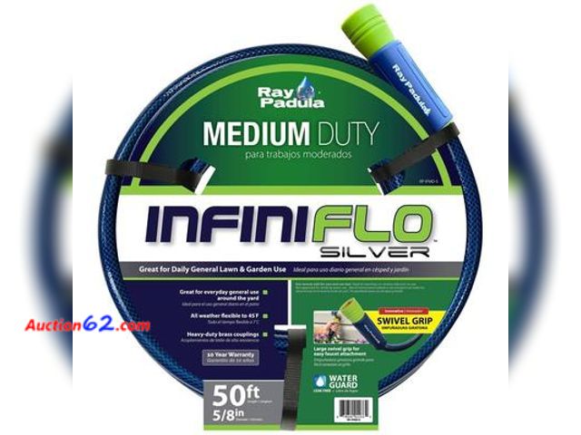 Lot 44-624f - Ray Padula InfiniFlo 50ft Silver Medium Duty Garden Hose See All Photo's Not Tested Appears New, A basic inspection has been given to this i...