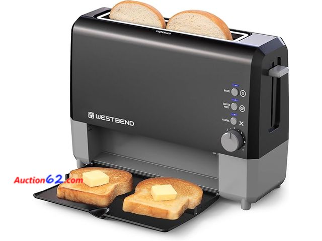 Lot 44-5298g - West Bend 77224 Quik Serve Slide Through Wide Slot Toaster with Cool Touch Exterior and Removable Crumb Tray, 2-Slice, Black. Appears New, A...