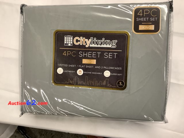 Lot 44-6032o - City living 4 pc king size sheet set fitted flat 2 pillow cases. Light weight super soft.New. See All Photo's Not Tested Never opened, Facto...