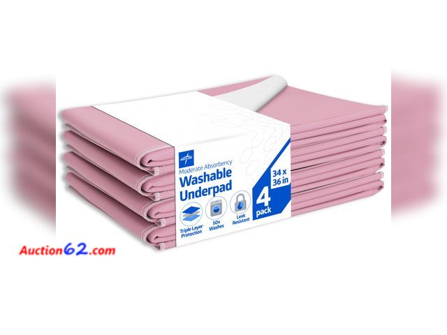 Lot 44-1917a - Medline Washable Bed Pads for Incontinence, Large 34 x 36 inch Reusable Underpads, 4 Pack, Pee Pads for Dogs, Adults, Kids and Baby, Pink So...