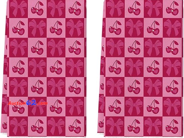 Lot 44-9130o - Set of (2) Artoid Mode Checkered Design Cherry Bowknot Valentine's Kitchen Towels Dish Towels, 18x26 Appears New, A basic inspection has bee...