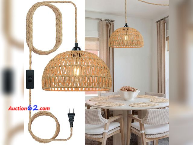 Lot 44-2625f - kolnlala 1PC Bohemian Farmhouse Rattan Chandelier, Hand-Woven Wicker Ceiling Light with Switch, DIY Hanging Pendant Lamp for Kitchen Island ...