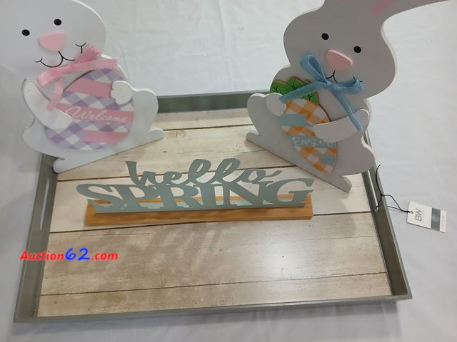 Lot 44-2132j - One new tray with tag (has spot as shown in picture) measures approximately 18" x 12".  One new hello Spring metal sign on wood base, measur...