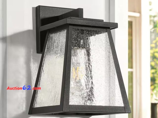 Lot 44-263b - Retail of $80- Modern 11 in. 1-Light Black Outdoor Wall Light Geometric Sconce with Seeded Glass Shade For Patio, Garage, Hallway 1. Appears...