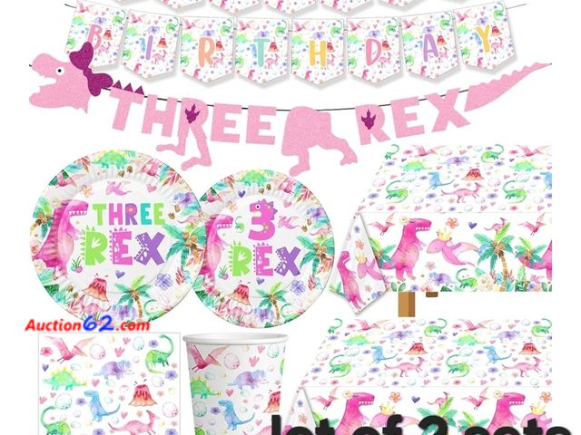 Lot 44-6605g - Lot of 2 sets of Watercolor Dinosaur Birthday Party Supplies 3 Year Old Girl Three Rex Plates Napkins and Cups Banners Table Clothes, Serves...
