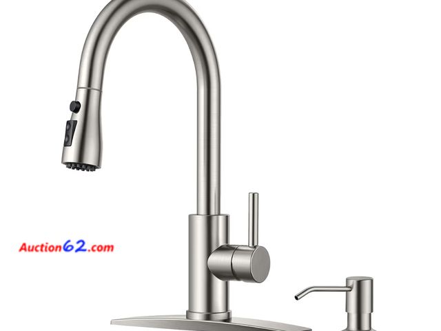 Lot 44-6529r - FORIOUS Kitchen Faucets with Soap Dispenser and Pull Down Sprayer, Brushed Nickel, Bar High Arc Single Handle Classic 3 Modes Stainless Stee...