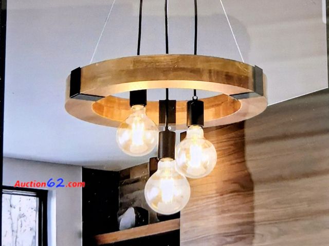 Lot 44-7231e - 3-light fixture brown round wood chandelier rustic pedant light for dining room kitchen no bulbs included  E-Commerce Return, A basic inspec...