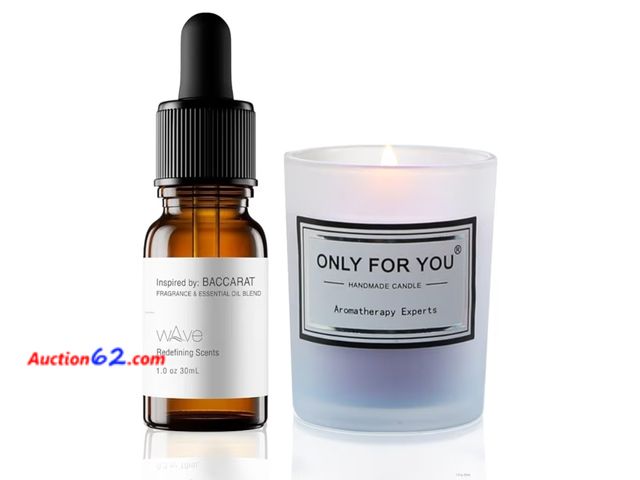 Lot 44-6579r - Baccarat-Inspired Fragrance &amp; Essential Oil Blend - Saffron, Amberwood, Cedar - 1 fl oz, 30 mL with Lavender Candle - Aromatherapy for A...