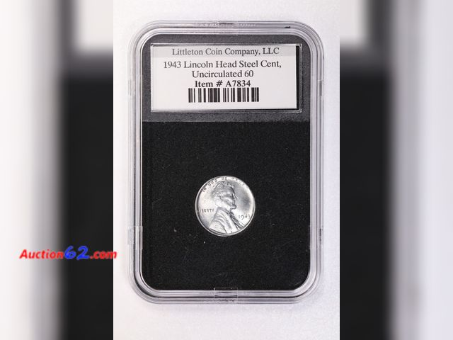 Lot 44-8304I - 1943 WORLD WAR II LINCOLN STEEL WHEAT CENT GRADED UNCIRCULATED 60 BY LITTLETON COIN CO. THE COIN IS ACTUALLY A SOLID MS63, BUT LITTLETON USE...