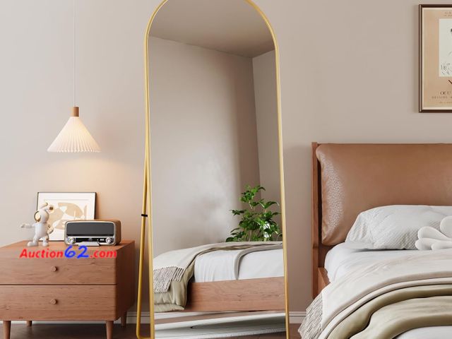 Lot 44-1629j - Full Mirror with Gold Aluminium Frame, 162 x 53 cm, Wall Hanging, Freestanding Mirror with Rounded Corners for Bedroom and Dressing Room App...