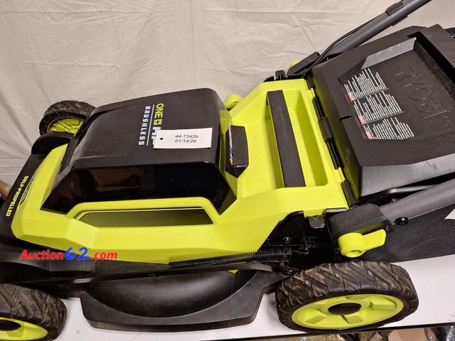 Lot 44-7342b - RYOBI one+ 18V HP brushless 20" cordless battery walk behind self-propelled lawn mower  E-Commerce Return, A basic inspection has been given...