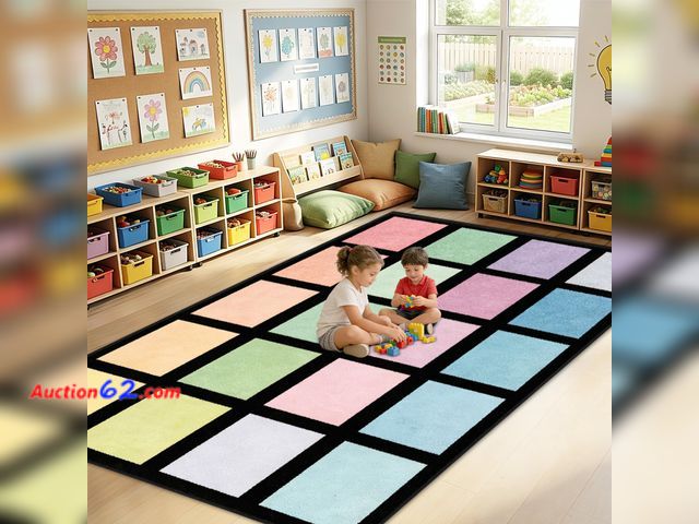 Lot 44-107m - $159.99 Retail price - 7.6x12 ft Large Pastel Color Squares Classroom Rug Colorful Educational Area Mat Happy Squares Rainbow Color Themed P...
