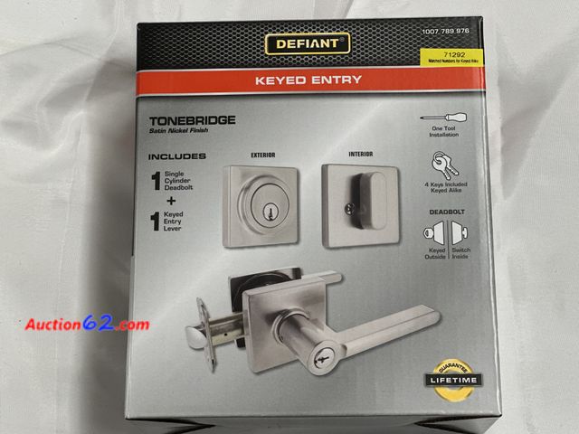 Lot 44-6025j - Defiant keyed entry door lock and deadbolt. Tonebridge satin nickel finish. NEW. $35.47 Home Depot. See All Photo's Not Tested Never opened,...