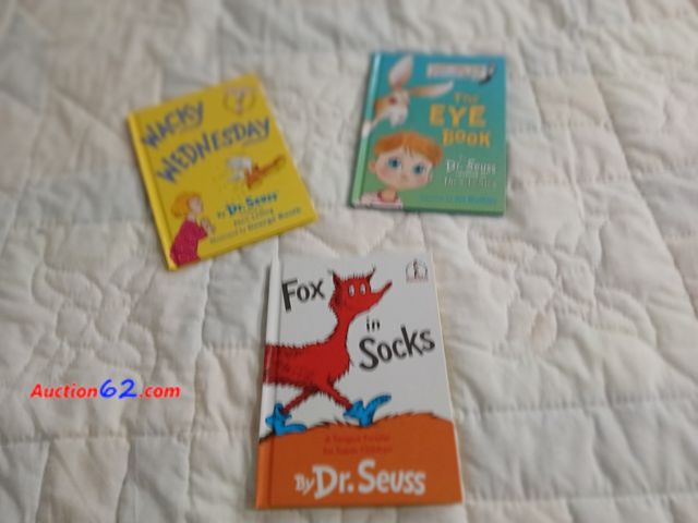 Lot 44-2343b - Three new Dr. Seuss books.  Beginners books.  Wacky Wednesday, The Eye Book, Fox in Socks.  See photos 1. Appears New, A basic inspection ha...