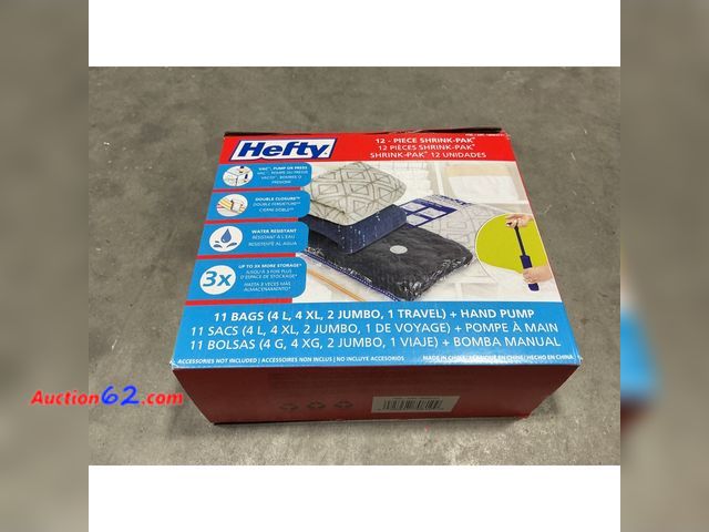 Lot 44-479o - Hefty 12-Piece Shrink-Pak Space Saving Bags with Hand Pump E-Commerce Return, A basic inspection has been given to this item. Sold AS-IS.