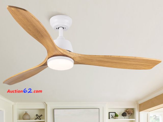 Lot 44-1675o - Wellspeed 52 in. Ceiling Fan with Light and Remote, Modern White Fanlight with Solid Wood Blades, for Indoor Outdoor Bedroom Living Room, Di...