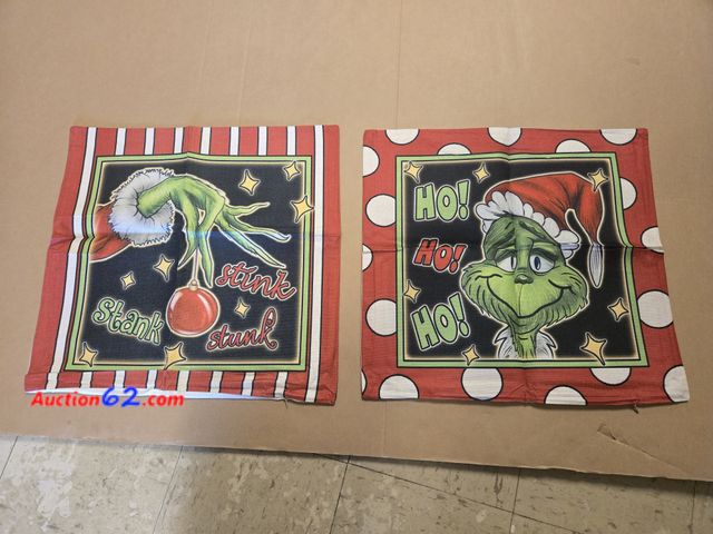 Lot 44-6525t - CARRIE HOME Christmas Grinch Pillow Covers 18x18 Set of 2(covers only)  Appears New, A basic inspection has been given to this item. Sold AS...