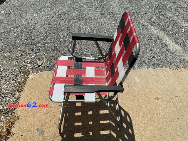 Lot 44-282e - Vintage Webbed Aluminum Folding Lawn Chair Red White Black See All Photo's E-Commerce Return, A basic inspection has been given to this item...