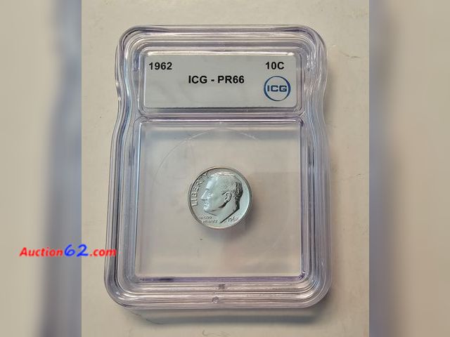 Lot 44-8316u - 1962 ROOSEVELT 90% SILVER PROOF DIME GRADED PR66 BY ICG.-NT
