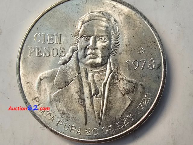 Lot 44-8365w - 1978 CIEN PESOS LARGE SILVER COIN. HAS 0.6428 TROY OUNCES OF SILVER. SILVER IS NOW OVER $50 AND OUNCE!-T
