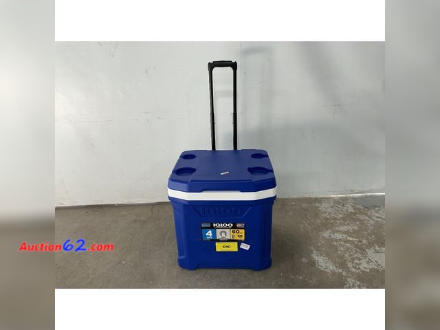 Lot 44-1506 - Igloo Latitude 60qt Roller Cooler - Wheeled, Cup Holders, Blue/White E-Commerce Return, A basic inspection has been given to this item. Sold...