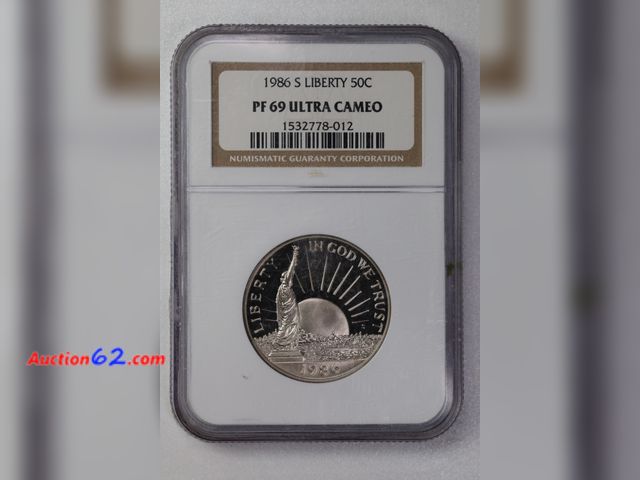 Lot 44-8306h - 1986-S STATUTE OF LIBERTY/ELLIS ISLAND CLAD COMMEMORATIVE HALF DOLLAR GRADED PF 69 ULTRA CAMEO BY NGC. 1 POINT SHY OF A PERFECT COIN!-NT