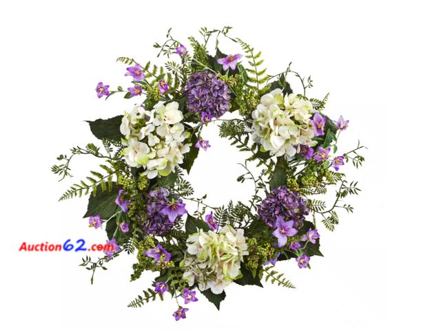 Lot 44-691b - Retail value $60- 24 in. Indoor Artificial Hydrangea Berry Wreath 1. Appears New, A basic inspection has been given to this item. Sold AS-IS...