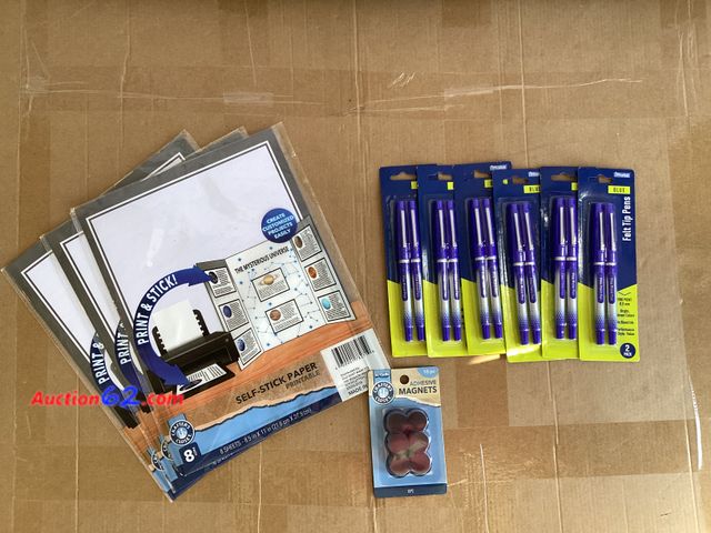 Lot 44-7729j - Lot of (3) 8 packs of self stick printable paper, (1) 18 piece adhesive magnets, (6) 2 packs of blue felt tip pens.  Appears New, A basic in...