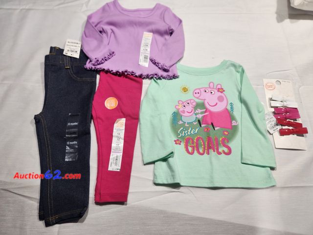 Lot 44-3612m - All new Girls Size 12 months.1 pair bright pink extra durable knee leggings. Tag lists for $5.99 at Kohls. 1 light green Peppa Pig shirt. Ta...