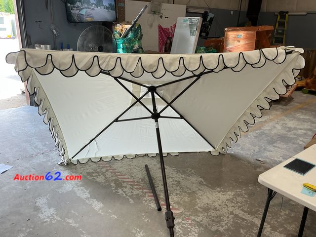 Lot 44-1213g - Retail value $95- Elegant Valance 7.5 ft. Aluminum Market Tilt Patio Umbrella in White/Black E-Commerce Return, A basic inspection has been ...