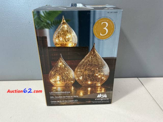 Lot 44-1679 - Beautiful Evergreen LED Glass Gold Raindrops Ball Set of 3, Gold Appears New, A basic inspection has been given to this item. Sold AS-IS. No...