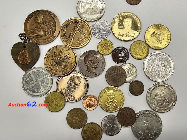 Lot 44-8367f - BAG OF MISCELLANEOUS MEDALS, TOKENS, COINS, ETC. - THERE'S A REAL NICE ABRAHAM LINCOLN BRONZE MEDAL IN THERE THAT WAS MADE BY THE US MINT, T...