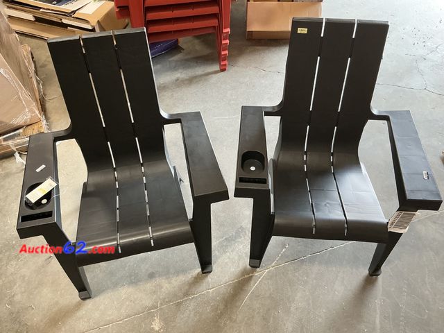 Lot 44-345e - $150 Retail price - Set of 2 Black Adirondack Chairs with Cup Holders See All Photo's E-Commerce Return, A basic inspection has been given t...