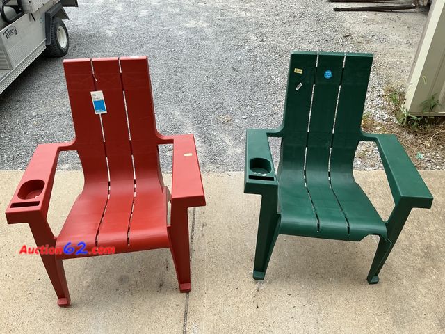 Lot 44-319e - $150 Retail price - Set of 2 Adirondack Chairs Red and Green Plastic Outdoor Patio Chairs See All Photo's E-Commerce Return, A basic inspect...