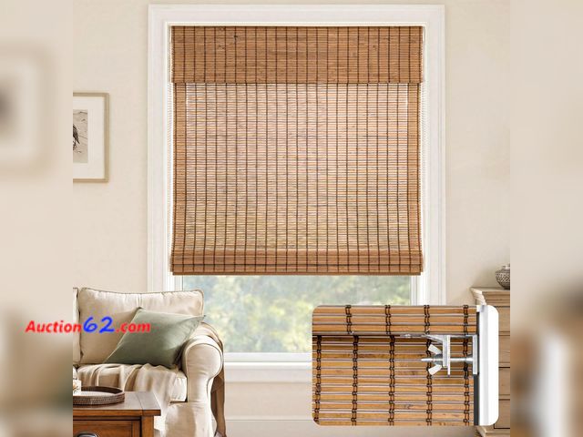 Lot 44-142o - LazBlinds No-Drill Cordless Roman Shade - Light Filtering Natural Wood, Easy Install Bamboo Blind for Windows 33" W x 64" H, Malay Umber App...